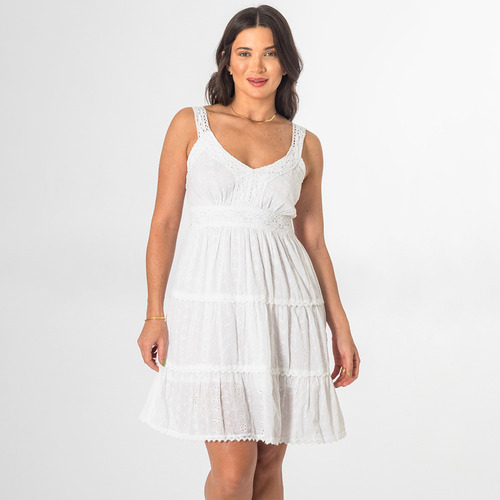 Vestido Curto Indiano Branco Lese Alça Algodão Com Lastex