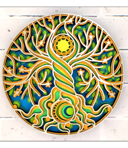 Cuadro Decorativo Arbol De La Vida Sol Luna Multicapa Madera