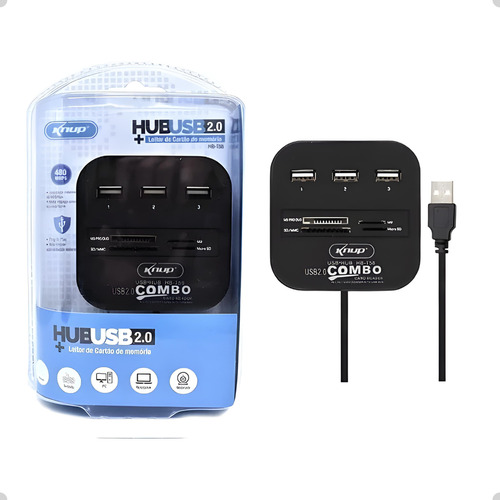 Hub Combo Usb 3 Portas 2.0 C/ Leitor De Cartão De Memoria