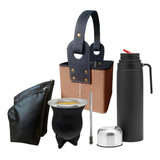 Equipo Set Matero Termo Acero Mate Bolsas Canasta Marron