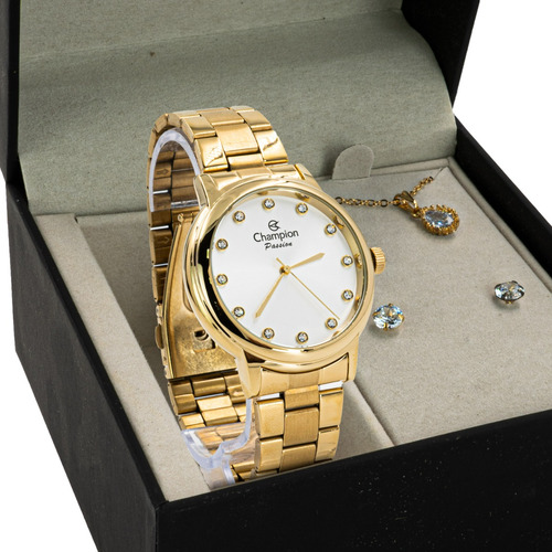 Relógio Champion Feminino Dourado Barato Original + Colar