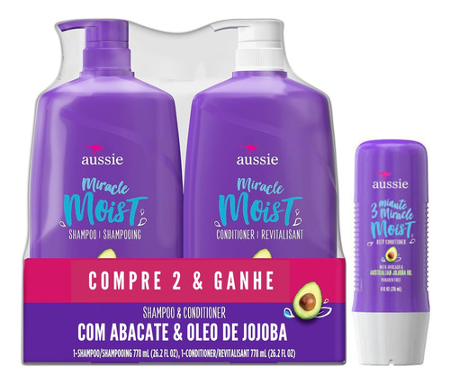 Aussie Miracle Moist Shampoo 778ml + Cond 778ml + 3 Minutos