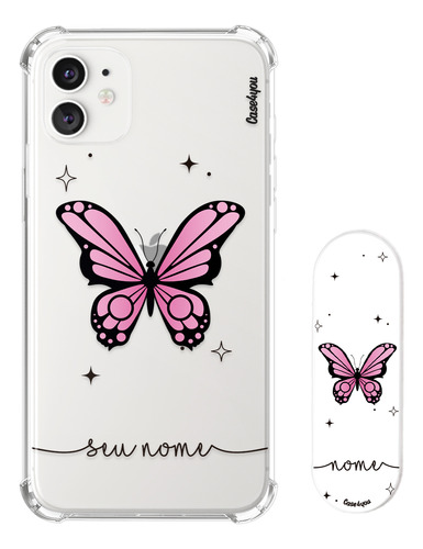 Kit Capa Personalizada + Suporte Celular Borboleta Rosa 2