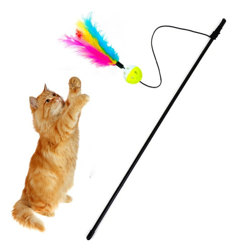 Varinha Cat Pena Gato Brinquedo Interativo Vara Divertida Cor Elástico Penas E Bolinha Guizo (50 Cm)