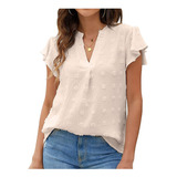 Blusa Feminina Com Decote Em V, Manga Curta, Babados, Camisa