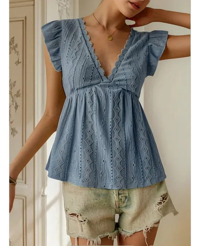 Blusas Elegantes De Encaje De Manga Corta Con Volantes Y Cue
