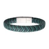 Pulsera Hombre Inox De Cuero Trenzado Bicolor Verde