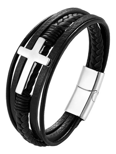 Pulsera Cuero De Cruz Acero Inox Con Magnética Para Hombre | Meses sin interés