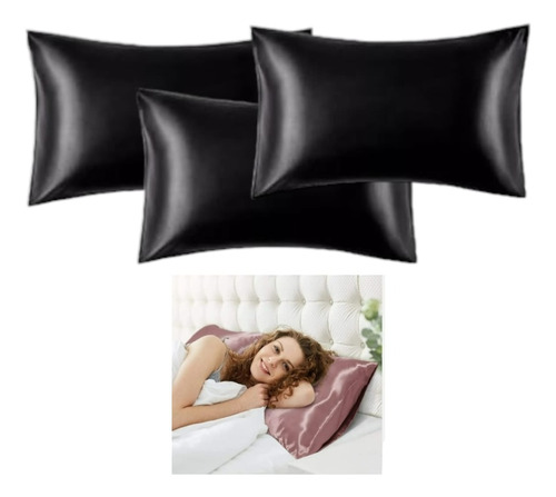 Funda Almohada Satín Tipo Seda Set X3 Unid Negro