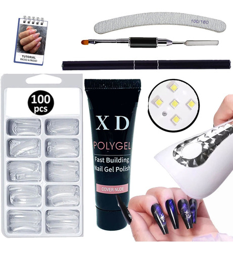 Kit Polygel Poligel Alongamento Unha Mini Cabine 18w F1 Lixa