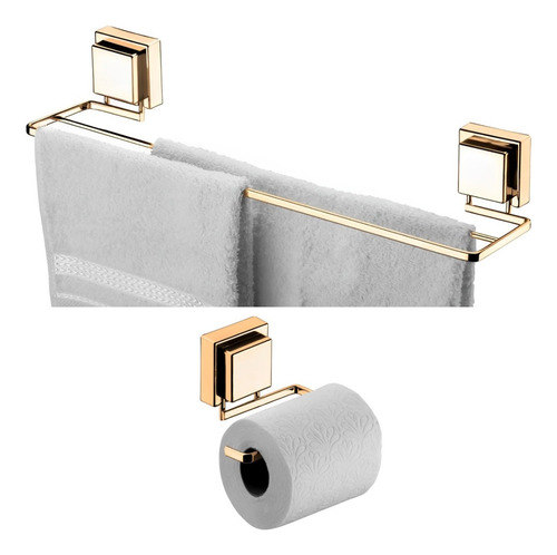 Kit Toalheiro 45cm Porta Papel Higiênico Com Ventosa Dourado