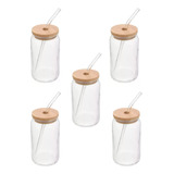 Set X5 Vaso De Vidrio Con Bombilla Y Tapa De Bambu 400ml Eco