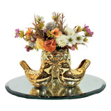 Decoração Sala Vasinho Com Flor Artificial, Bandeja Espelho Cor Dourado