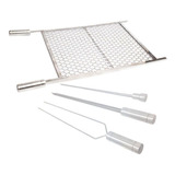 Kit Grelha Moeda 70x50 Inox + Espetos Espada, Duplo, Coração