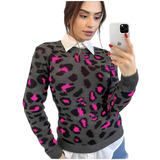 Blusa Feminina Tricot Onça Animal Print Frio