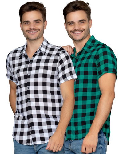 Kit 2 Camisas Social Xadrez Masculina Manga Curta Viscose