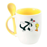 Taza Silvestre Piolin Tweety Ceramica Cuchara Amarilla