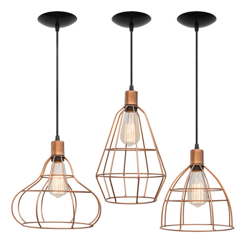 Trio Pendente Aramado Retrô Luminária Lustre Cobre Dourado