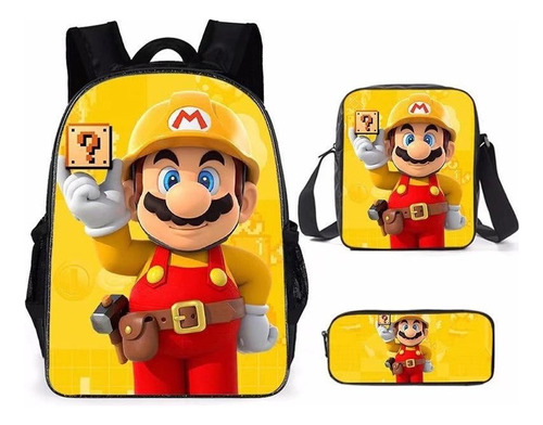 Conjunto De 3 Peças Mochila Casual Super Mario Bro Bolsas De