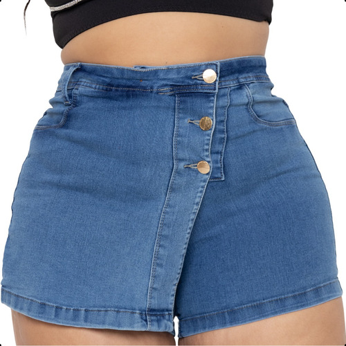 Short Saia Jeans Plus Size Barra Desfiada Cintura Alta Moda