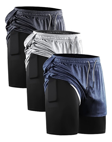 Gimnasio Short Con Licra Deportiva 2 En 1 Hombre Corre 3pcs