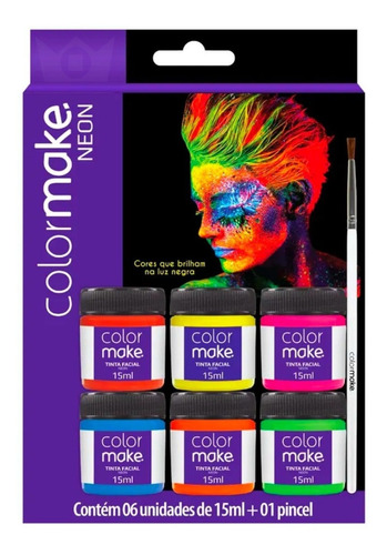 Tinta Facial Make Artistica Neon Flúor 6 Cores 15ml + Pincel