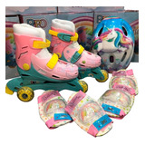 Patines Roller 3 Ruedas 2en1 Unicornio Casco Rodillera Extes