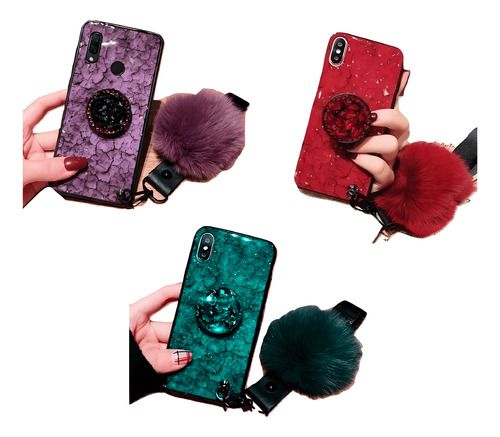 Funda Compatible Con Galaxy Marmol Pompon Colgante Correa