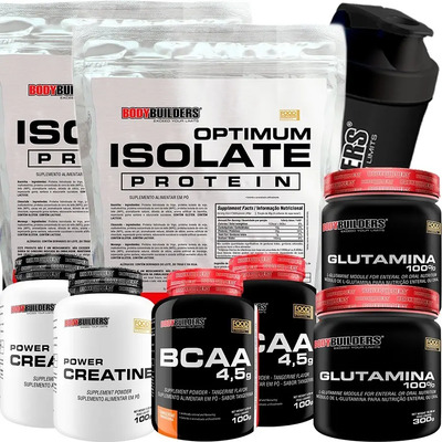 Kit 2x Whey 2kg + 2 Bcaa + 2 Creatina + 2 Glutamina + Shaker Sabor Morango