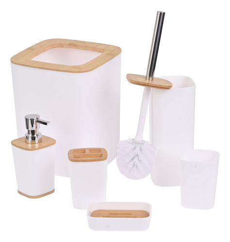 Set Juego Baño 6 Piezas Plastico Bambu Jabonera Organizador Blanco