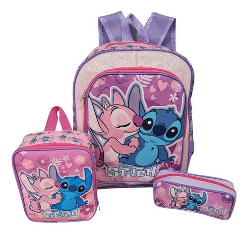 Kit Mochila Escolar Lilo & Stitch Rosa Filme Costas G Menina