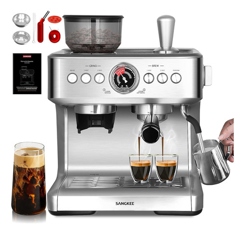 Sangkee Cafetera Espresso 20 Bares, Cafetera Espresso Y Cappuccino Con Espumador De Leche Y Molino, Máquina De Espresso Profesional, Cafetera Electrica Con Sistema De Calentamiento Dual, 1500w