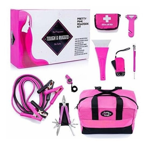 Kit De Emergencia Vehicular Rosa Para Mujeres Con Cables 