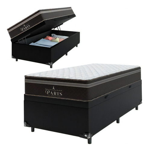 Cama Box Baú Solteiro+ Colchão Paris Molas Ensacadas - Preto