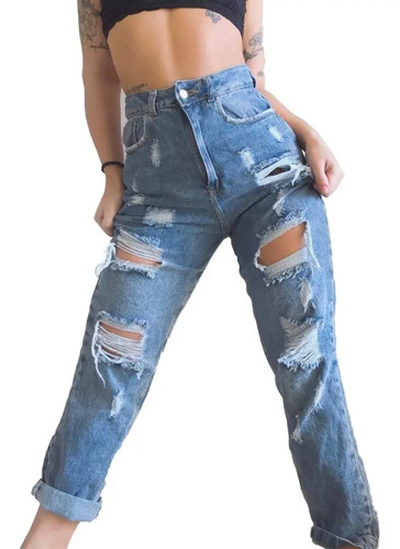 Jean Mom Rígido De Mujer Con Roturas Tiro Alto , Compra y Venta