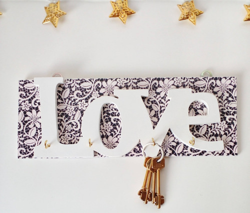 Portallaves Pared Madera Pintados A Mano 4 Ganchos Love Deco