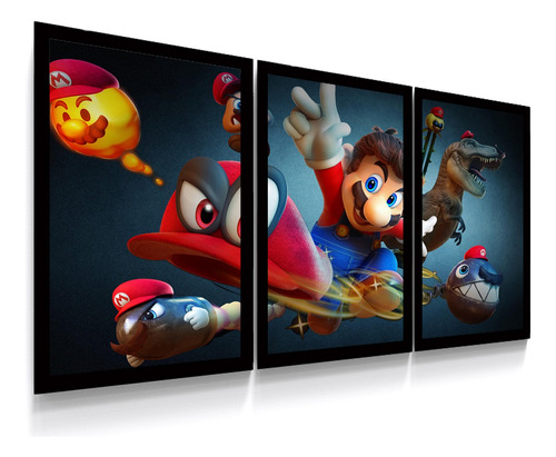 3 Quadros Decorativos Super Mario Odyssey Nintendo Switch