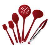 Jogo 6 Peças Utensílios Silicone Colher Espátula Vermelho