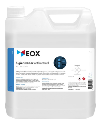 Higienizador Antibacterial Alcohol 70% Con Glicerina Eox 5 L