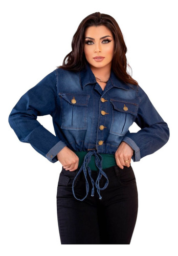 Jaqueta Jeans Elastano Croped Curta Feminina  Denim Inverno