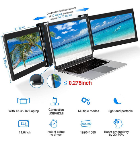 Vodzsla Monitor Portátil Triple Para Laptop, Full Hd Ips De