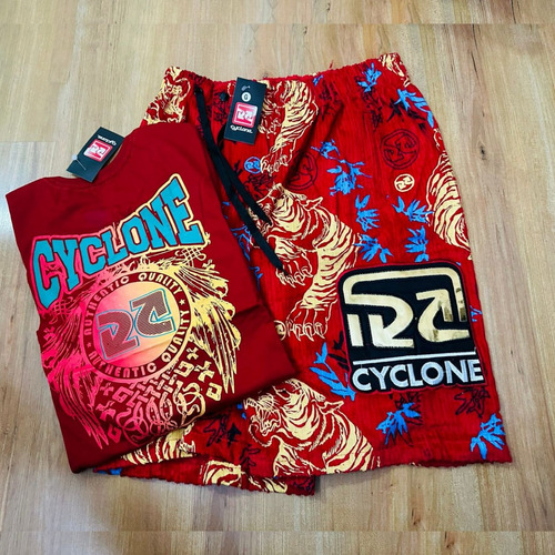 Kit Vermelho Bermuda Cyclone Veludo Tigre + Camiseta Setas
