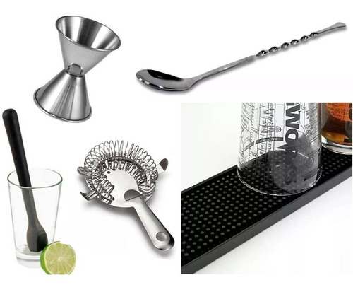 Set Bar Jigger Colador Muddler Cuchara Tapete Bebida Coctel