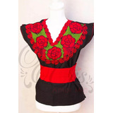 Blusa Artesanal Grande Mexicana Bordada Con Rosas Chiapas 