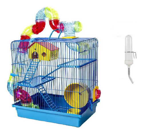 Gaiola Azul Hamster Campbell 3 Andares Luxo + Bebedouro