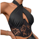 Crop Top Halter Para Mujer Top Corto Sexy Corset Cruzado C3