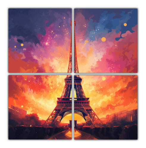 120x120cm Cuadro Exclusivo Torre Eiffel Atardecer Flores