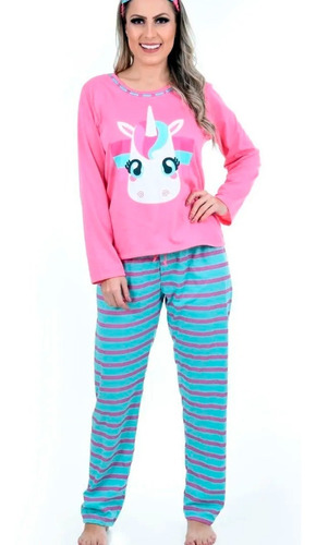 Pijama Unicórnio Longo De Inverno Fechado Comprido Feminino