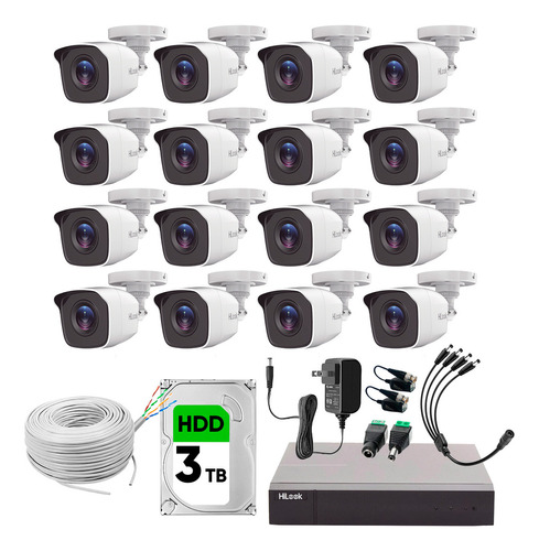 Hilook Kit De Camaras De Seguridad Video Vigilancia Con Disco Duro 3tb + Bobina Utp 305mts. Modelo Kit16bp-plus-b+3tb 16 Cámaras Cctv Bala 1mp 720p Vision Nocturna Compatible Con App Hik-connect