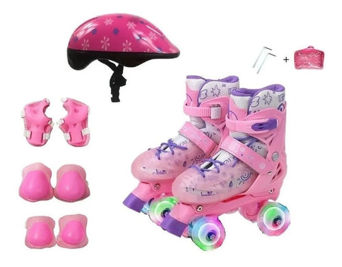 Patins Quad Rosa Regulável 28-32 E 33-36 Rodas Led + Kit 12x